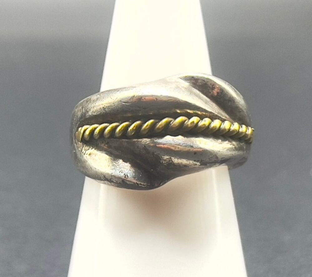 Solid Sterling Silver Ring Size 5.5 Mexico 925 Twisted Band Brass Rope Accent